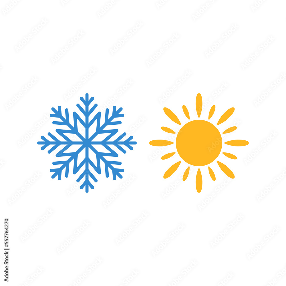 Weather forecast symbols. Snowflake and sun vector icon on white. Weather forecast symbols. Snowflake and sun vector icon on white.