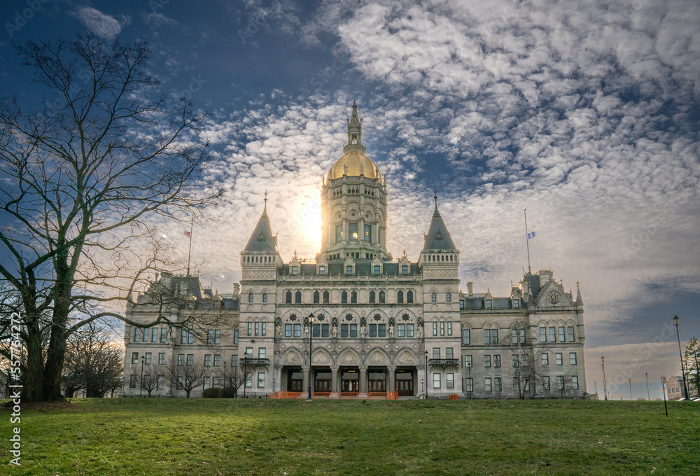 Hartford, CT - USA - Dec 28, 2022 Sunset view of the historic Connecticut State Capitol, The Eastlake style building with a distinctive domed tower was built in 1878 by Upjohn and Batterson.