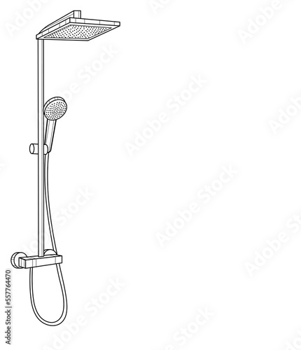 Shower, shower head, faucet. Coloring book. Black and white vector illustration.