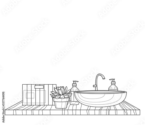 Table top with box, flower and shell. Black and white vector illustration.