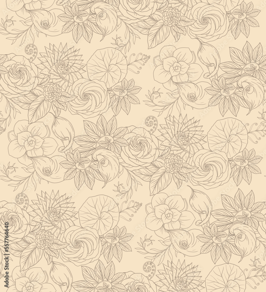 Roses, kalas, curly leaves and plants. Seamless pattern with hand drawn vector outline illustrations on floral theme