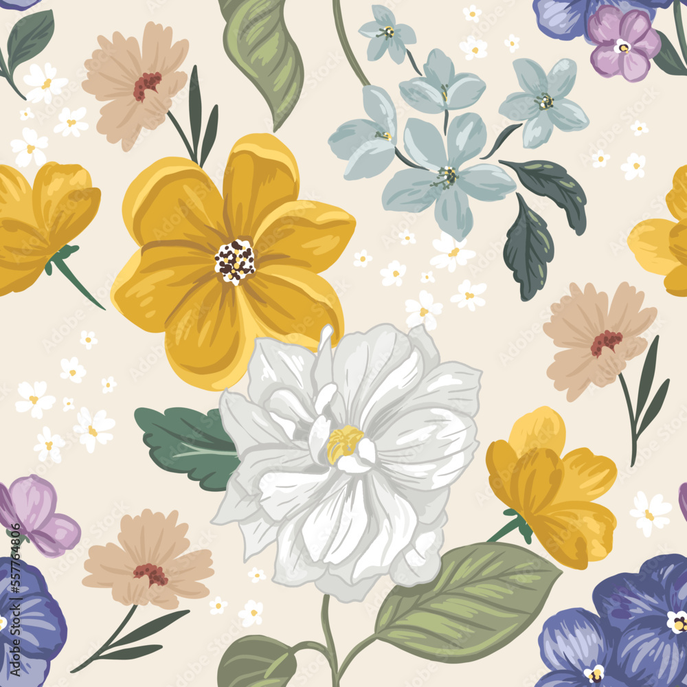 Yellow, white and blue flowers. Seamless pattern with vintage style vector hand drawn illustrations