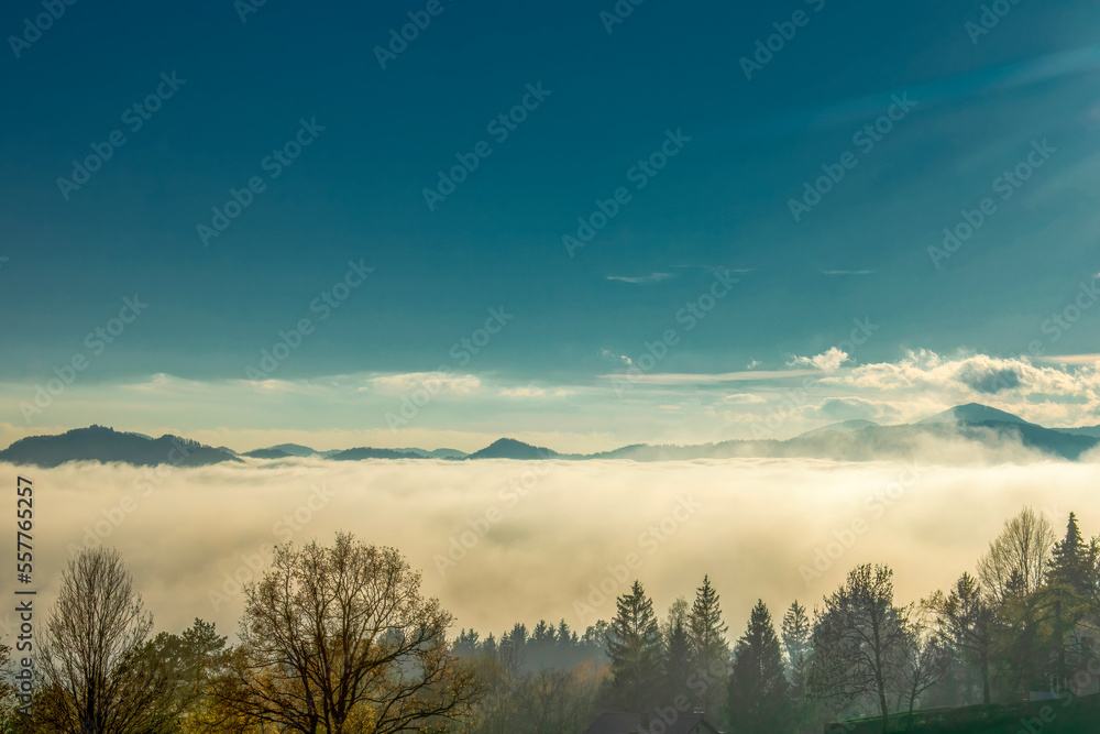 Heavy fog and mist surrounds forested mountain peaks