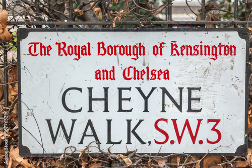 Cheyne Walk street road sign in Chelsea, Kensington, London, England photo