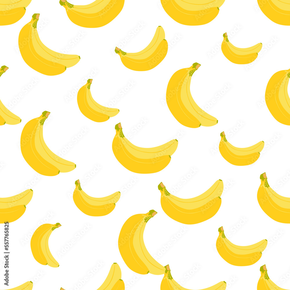 Banana seamless pattern. Exotic seamless pattern with yellow bananas on white background. 