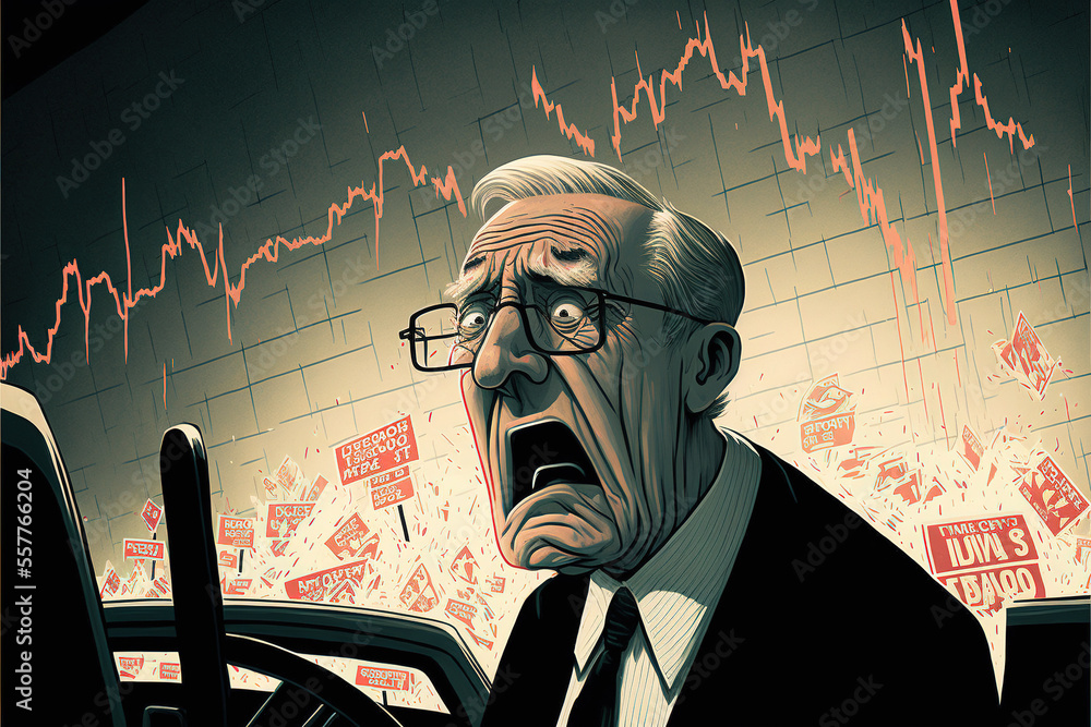 Horrified trader, stock market crash cartoon illustration for articles