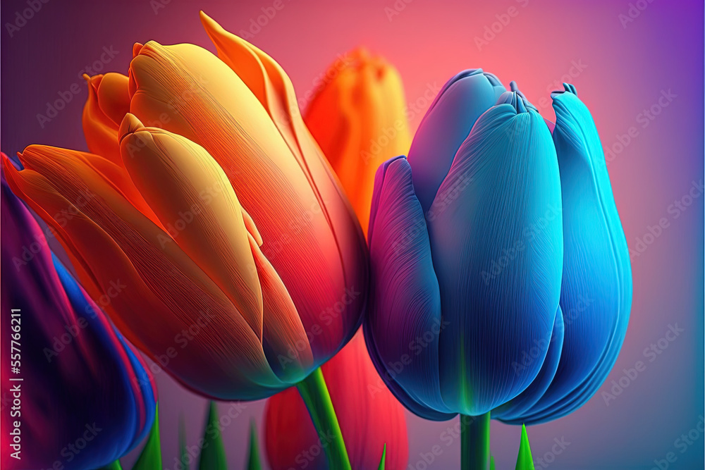 Colorful tulip flowers arrangement, stylized graphic design modern illustration. Light pastel colors on neutral background. 