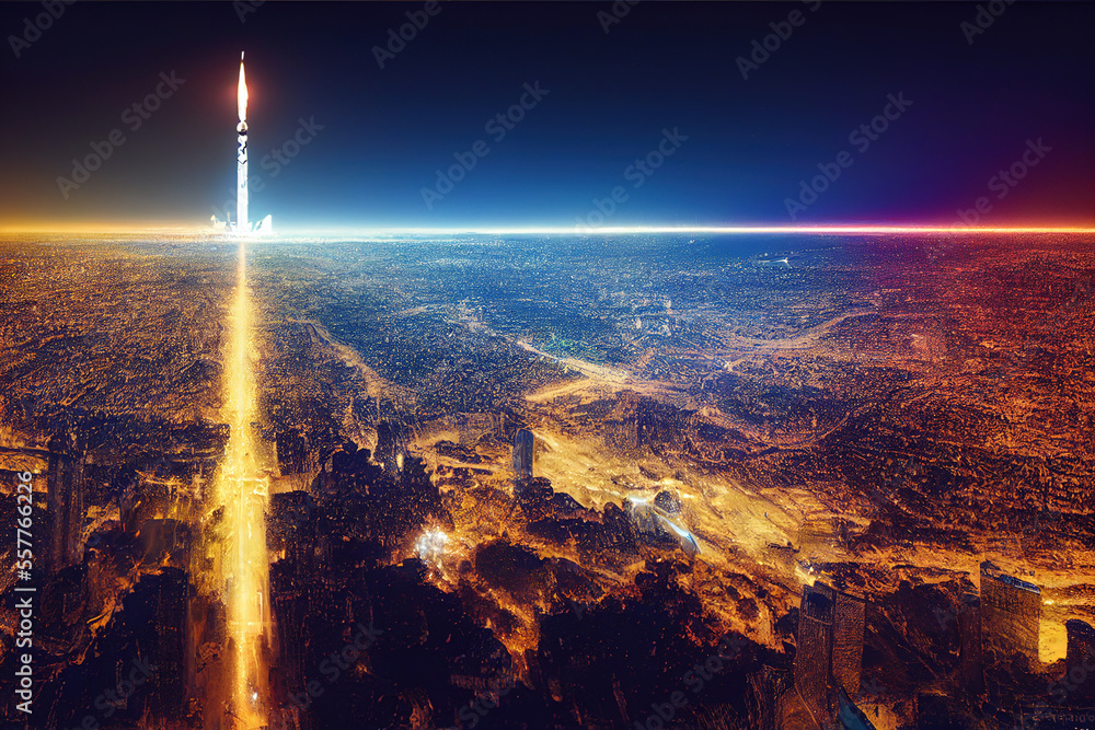 Rocket launch, earth horizon viewed from space with futuristic city lights and neon colors. Generative AI.