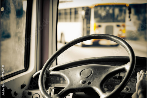 Bus steering wheel, driver perspective, old school bus in the background. Vehicle dashboard visible. © QC Creations