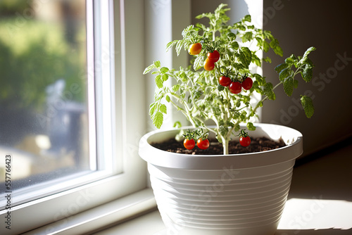 On a white windowsill, a little shrub of cherry tomatoes is growing on the balcony. Summertime home gardening of tomatoes. Generative AI