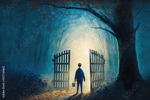 A boy stands in front of a magical passage into a magical world