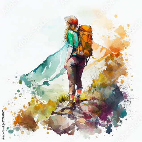 Majestic Summit: A Solo Hiker's Journey through the Mountains Aquarel Painting Styles (Ai generated)	