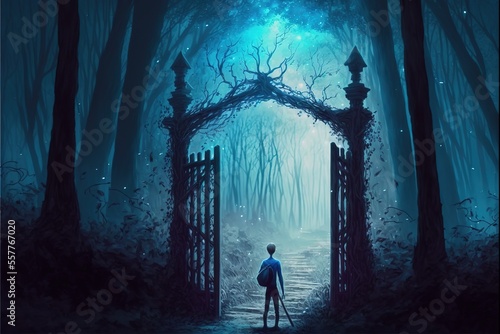 A boy stands in front of a magical passage into a magical world © Анастасия Птицова