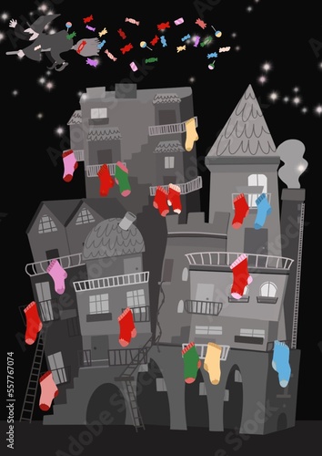Epifania, 6 gennaio notte della befana, illustrazione di una tradizione del Natale cristiano, la vecchina vola sulla scopa e riempie le calze dei bambini buoni di caramelle, disegno jpg per bambini photo