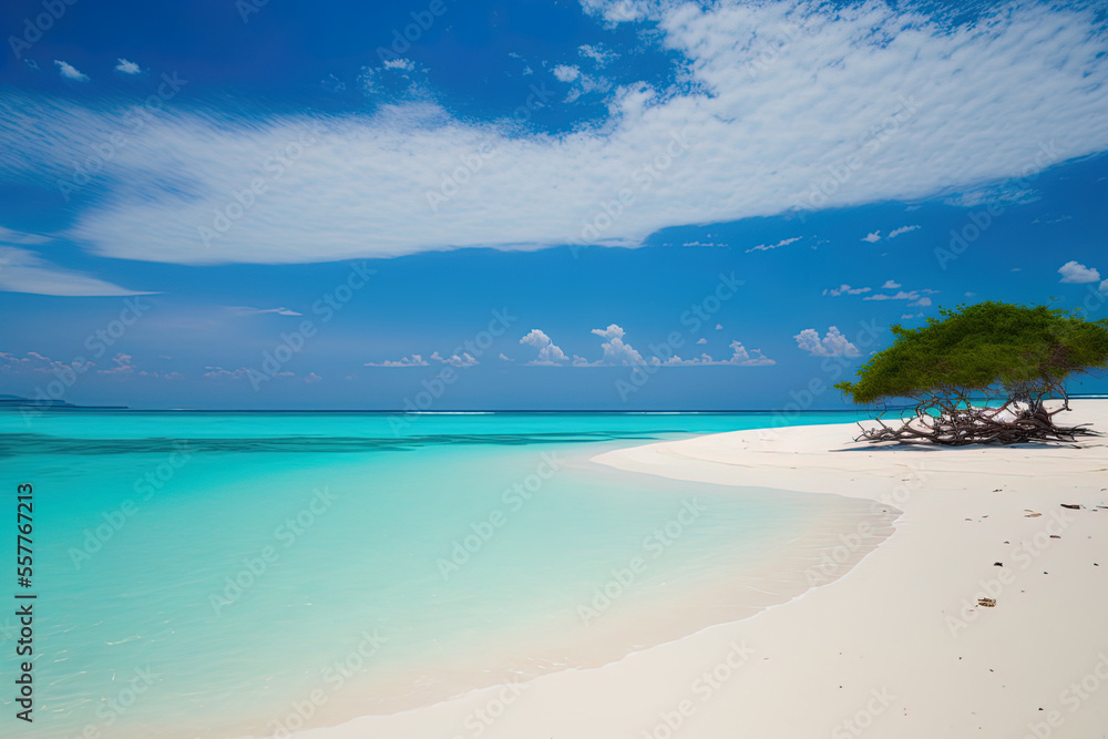 Stunning tropical beach, water, and sky with white clouds and copyspace. Generative AI Stunning tropical beach, water, and sky with white clouds and copyspace. Generative AI