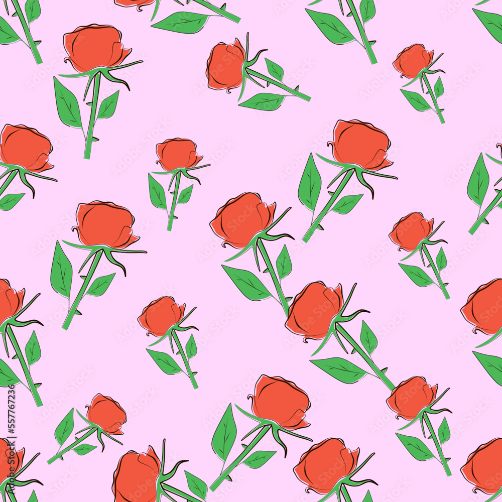 Seamless pattern floral beautiful red Rose flowers in pink pastel background. seamless pattern rose flowers for fabric textile design or Product packaging. Vector illustration
