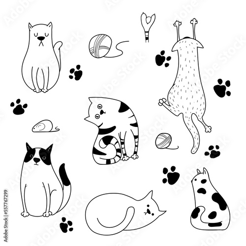 Set of vector images of cute funny cats on a white background. Stickers in hand draw style. 