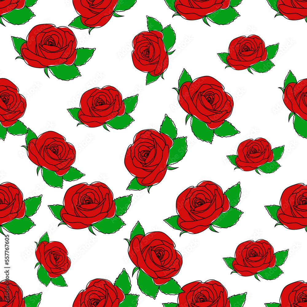 Seamless pattern of red roses on white background. Red Rose flowers background in flat style, vector illustration