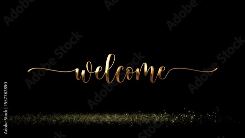 Welcome animation with gold handwritten text and falling particles on a sparkling floor on a black and green screen background is perfect for the intro and video overlay.