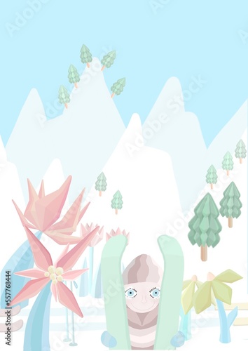 Sciatore e Paesaggio montan invernale sognante, illustrazione fiabesca con fiori ghiacciati, jpg natalizio, montagne e natura innevata con uomo, disegno di sport invernali nella natura, sciare photo