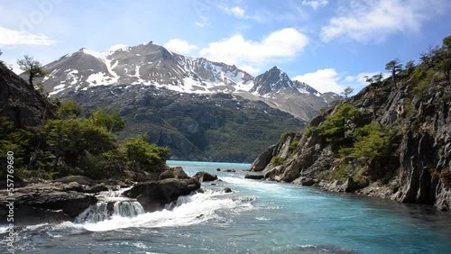 remote patagonian landscape with mountains and a waterfall at Perito Moreno national park, lago Azara photo