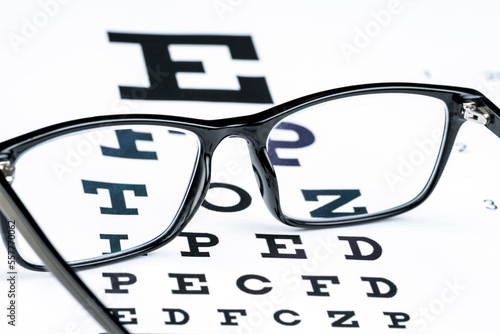 CLOSE UP OF READING GLASSES ON SNELLEN EYE CHART. VISUAL ACUITY OPTICAL TEST. SELECTED FOCUS.