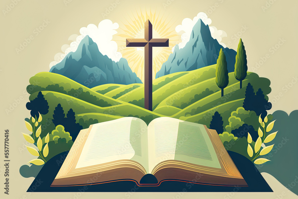 Illustration of a holy christian cross on a hill and a mountain. Generative AI Illustration of a holy christian cross on a hill and a mountain. Generative AI