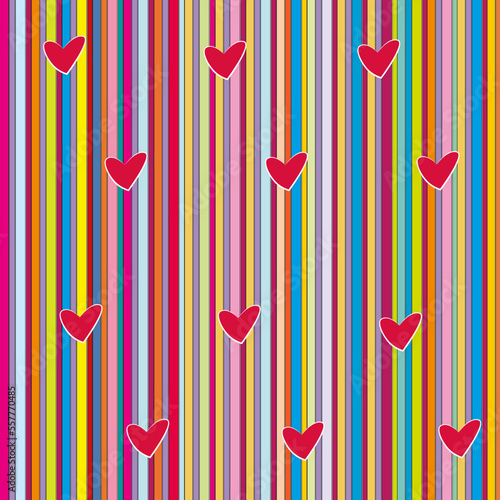 Fondo geométrico con rayas de colores y corazones.