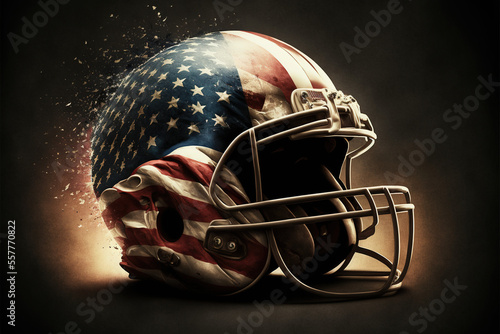 Football helmet with american flag, superbowl. Dark colors, dramatic illustration. AI generated photo