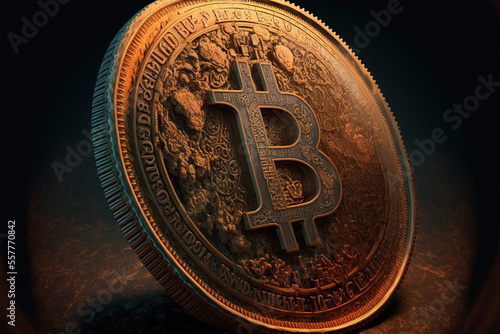 Golden bitcoin token, dramatic closeup shot with intricate details. Beautiful ornaments and carvings. Premium looking, 3D render. Generative AI photo