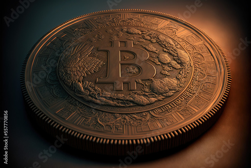 Golden bitcoin token, dramatic closeup shot with intricate details. Beautiful ornaments and carvings. Premium looking, 3D render. Generative AI 
