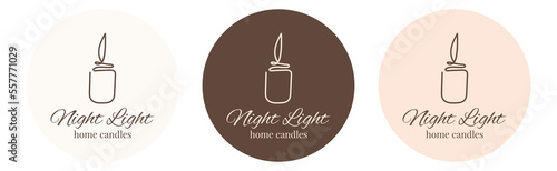Set of one line candle logo Night light home candle. Stickers for your design. Vector sketch illustration. Template design. Romantic background. Brown neutral colors. Vector illustration