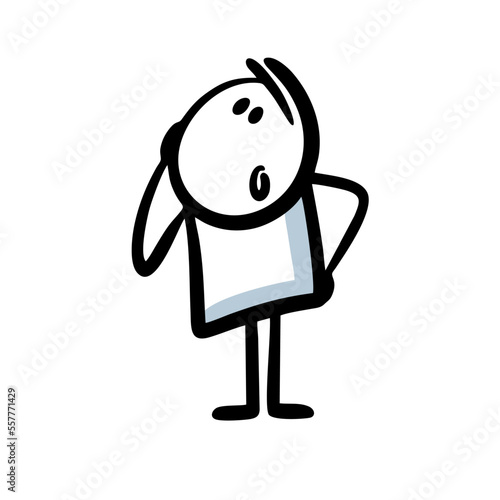 Surprised hand drawn doodle boy looks up in wonder.