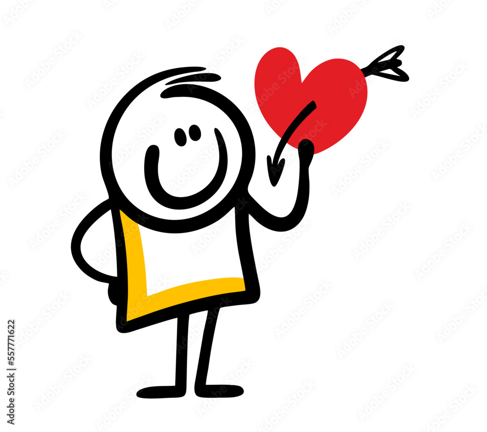 Funny doodle character holds a red heart pierced by an arrow. Funny doodle character holds a red heart pierced by an arrow.