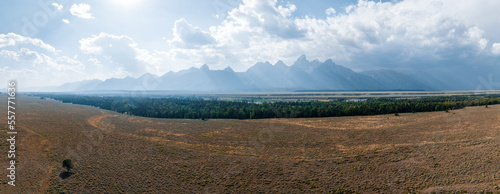 View of Mount Moran in Grand Teton National Park from above. Beautiful endless nature of America.