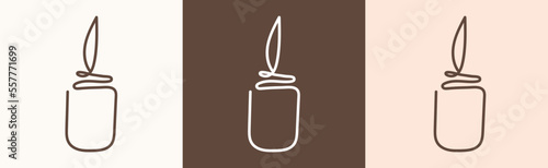 Set of one line candle logo. Vector sketch illustration. Template design. Romantic background. Brown neutral colors. Vector illustration