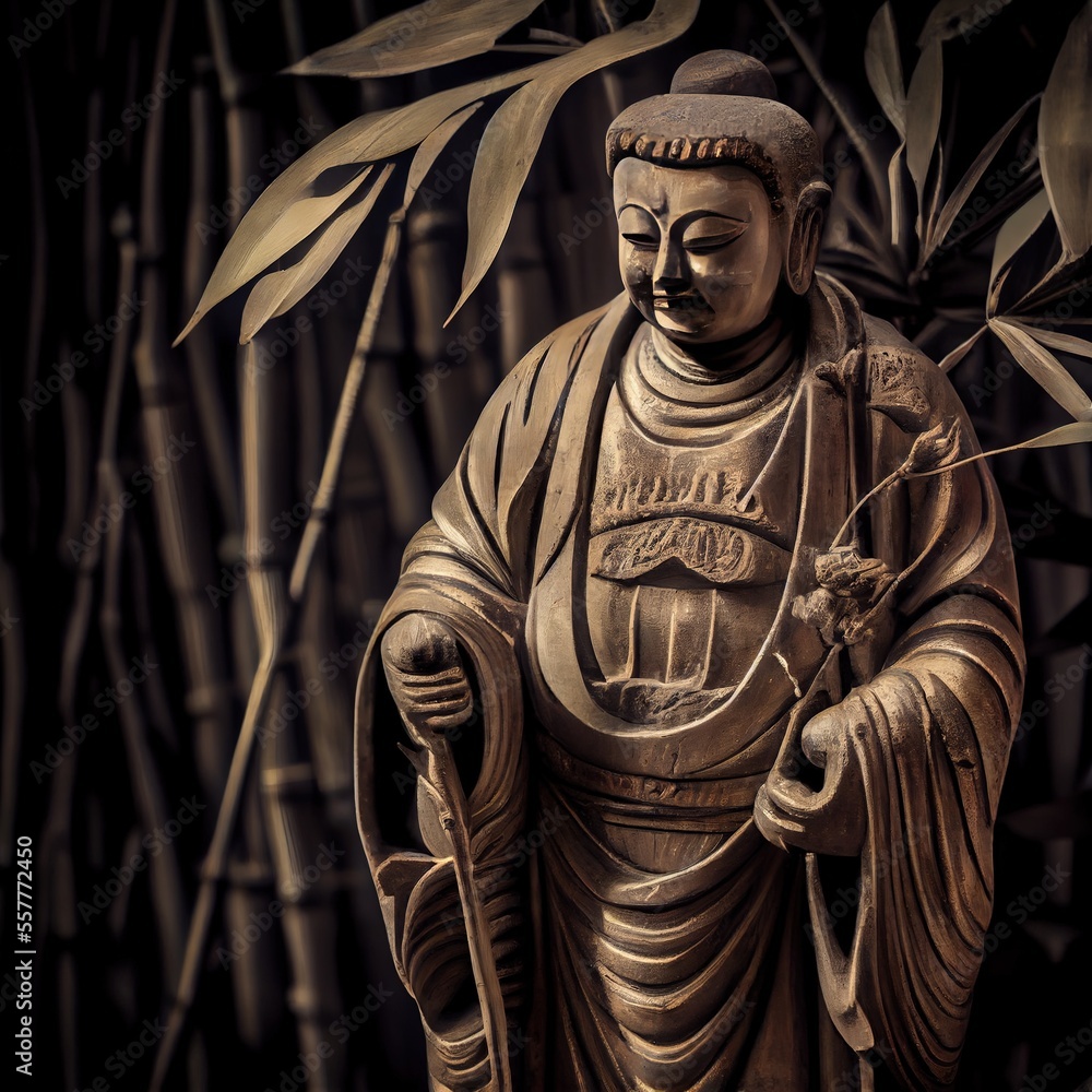 Naklejka premium Buddha statue made of bamboo - generative ai