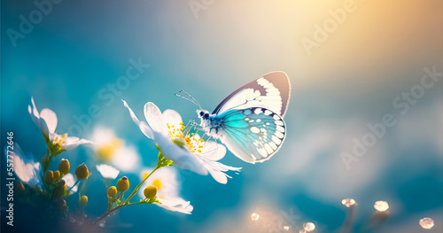 Beautiful wild flowers background with butterfly on sunny spring meadow. Luminous blurred background with light bokeh. Horizontal close-up with space for text