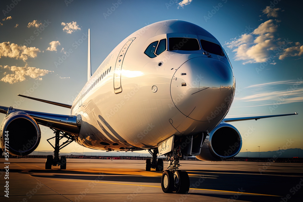 Obraz premium A contemporary passenger jet arrives at the airport. Generative AI