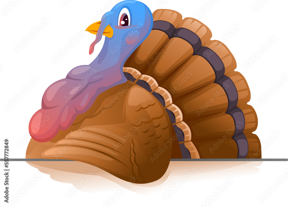 Cartoon smiling turkey on side view isolated illustration, upper body
