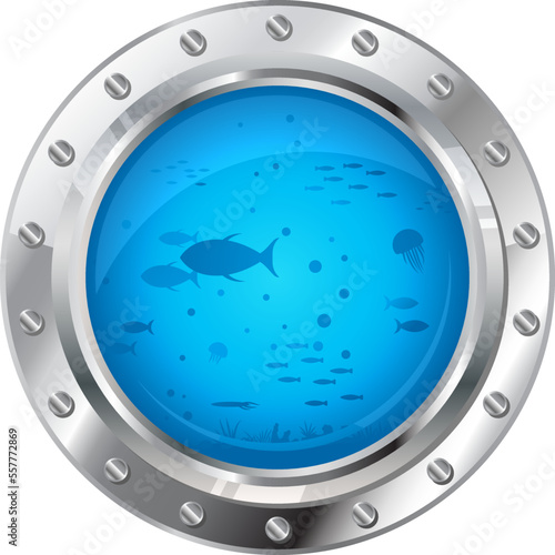 One metallic porthole with underwater life on side view isolated illustration, deepwater adventure