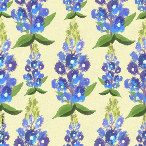Blooming bluebonnet flowers. Seamless pattern with hand drawn illustrations with floral theme