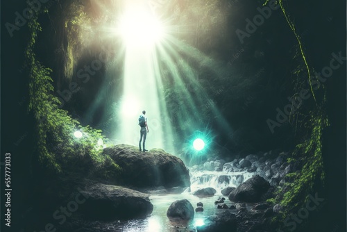 A man looks at a glowing sphere with a waterfall © Анастасия Птицова