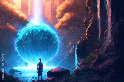 A man looks at a glowing sphere with a waterfall