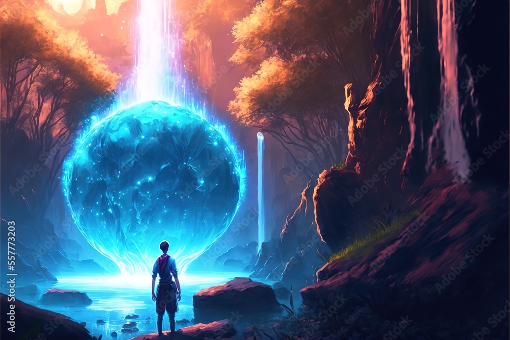 A man looks at a glowing sphere with a waterfall