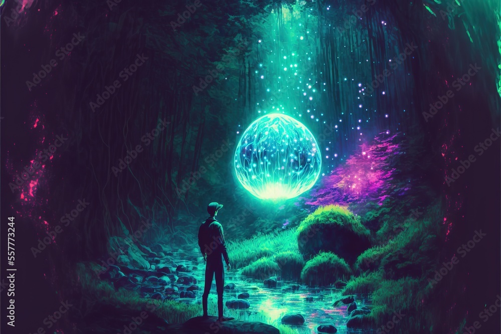 A man looks at a glowing sphere with a waterfall