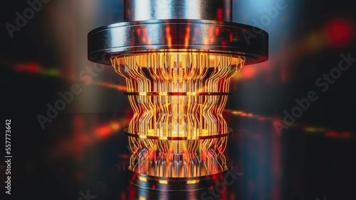 A futuristic glowing quantum computer unit, 3d render photo