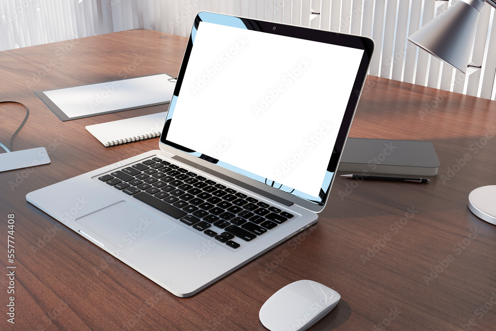 Fototapeta premium Perspective view on blank white modern laptop monitor with place for your logo or text on brown table with notebooks and lamp on light metallic decorated wall background. 3D rendering, mockup