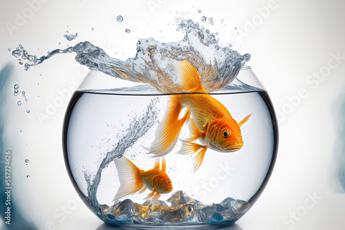 A leaping goldfish splashes in a fishbowl on a white backdrop. taken using a 5D Mark III in a studio. Generative AI