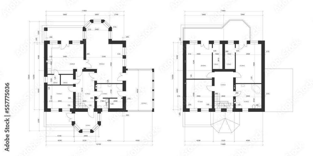 Architectural plan of a two-storey manor house with a terrace. The layout of an individual two-storey house with three bedrooms, kitchen, living room, two bathrooms, dressing rooms and pantries. Architectural plan of a two-storey manor house with a terrace. The layout of an individual two-storey house with three bedrooms, kitchen, living room, two bathrooms, dressing rooms and pantries.